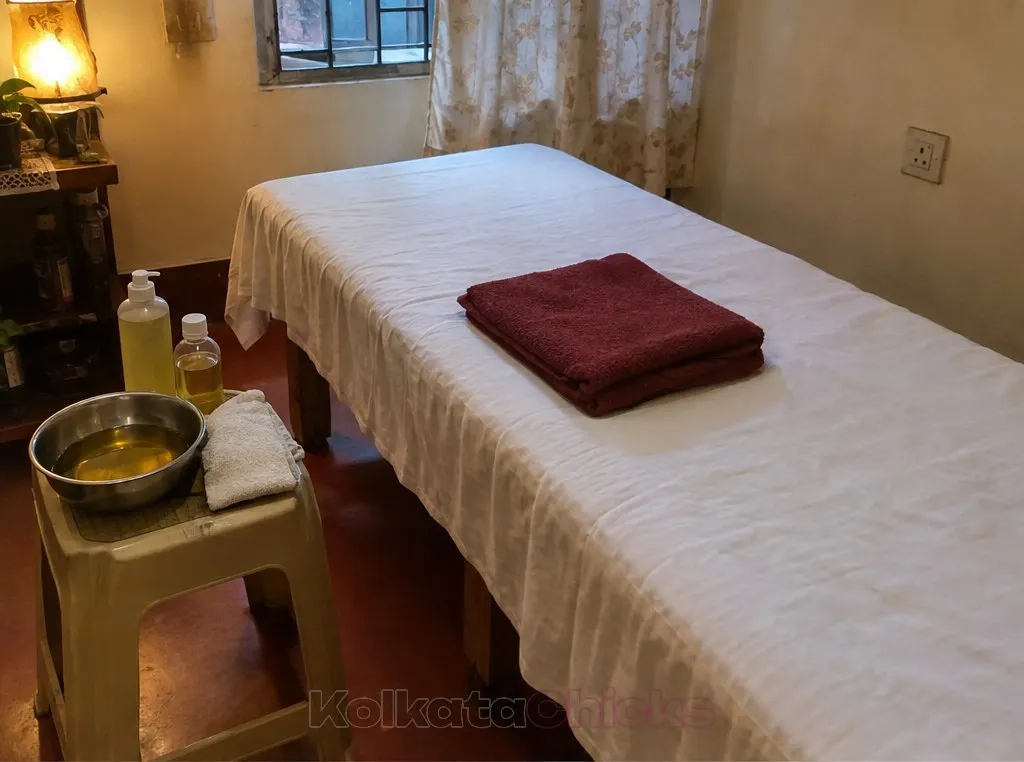 A massage bed with a white sheet, a towel and warm oil ready in a Kolkata flat