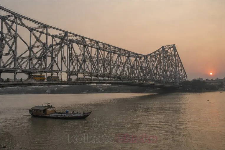 Howrah Bridge over the Hooghly river in the evening