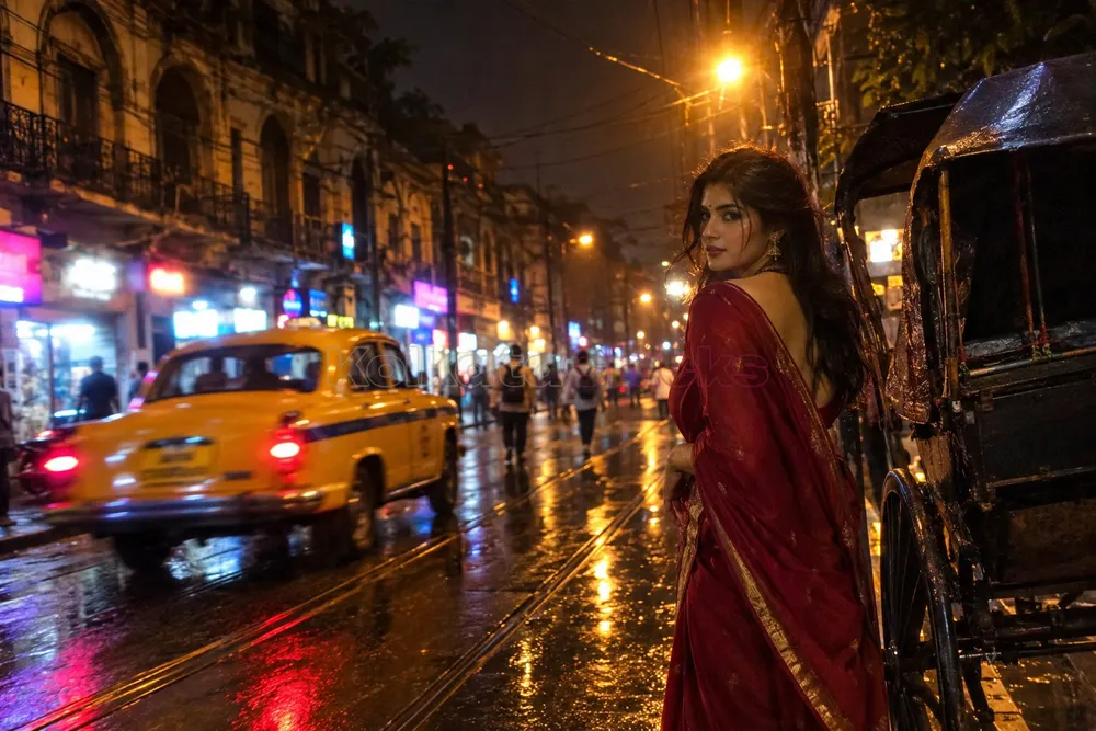 Kolkata street at night with a yellow taxi and a girl in a red saree
