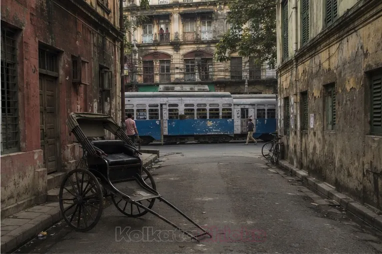An old lane in Bowbazar, Kolkata, with a hand-pulled rickshaw and a tram passing