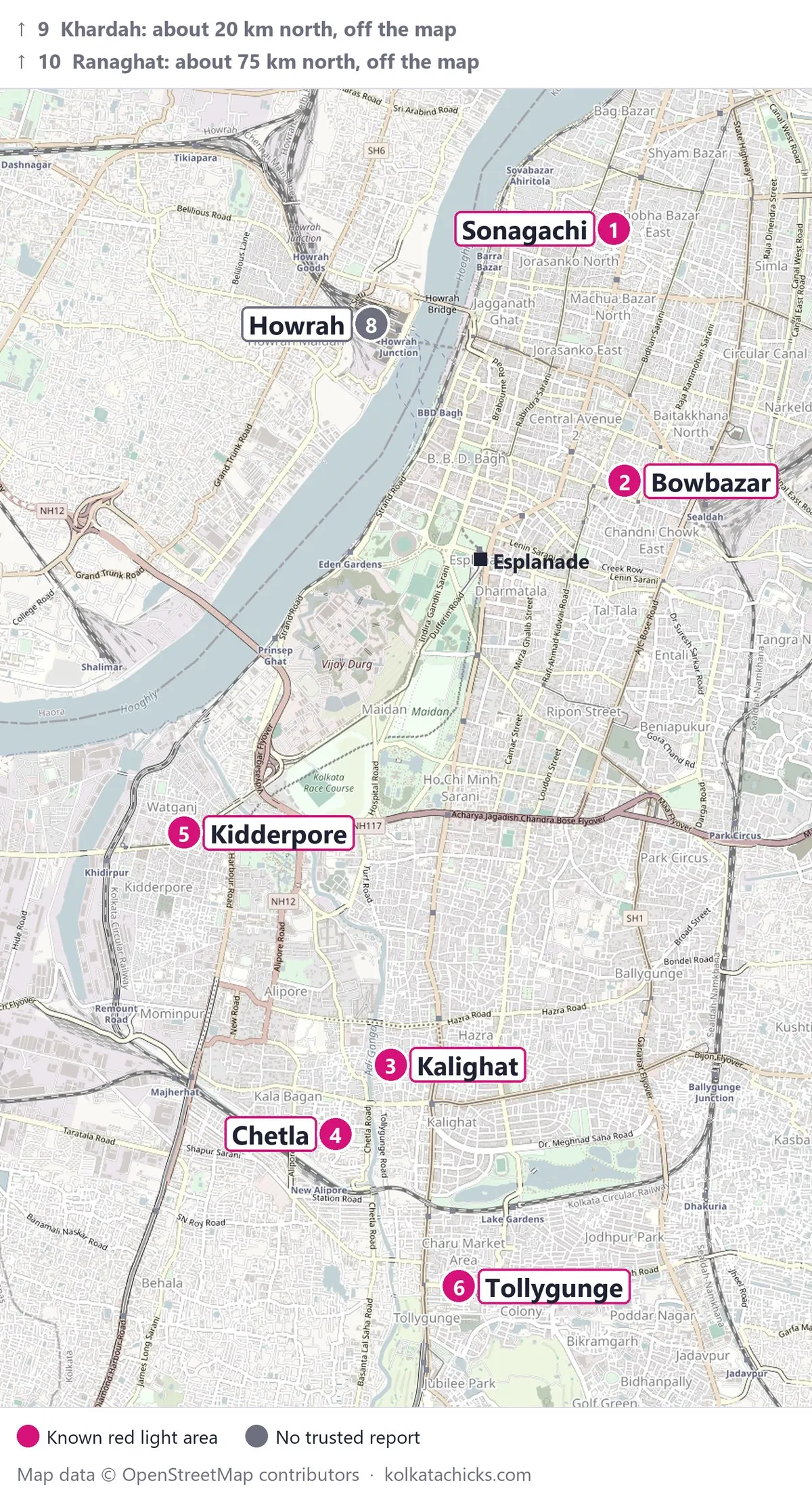 Map of the red light areas in Kolkata: Sonagachi, Bowbazar, Kalighat, Chetla, Kidderpore, Tollygunge and Howrah