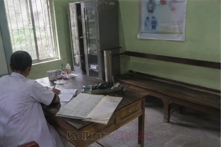 A small free health clinic room in West Bengal