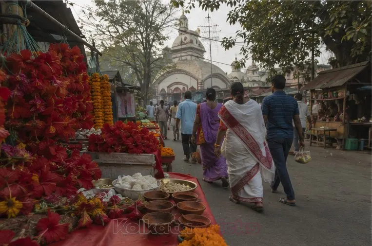Flower stalls on a busy road in Kalighat, South Kolkata, in the morning