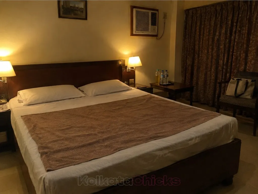 A Kolkata hotel room at night with a big towel spread over the bed for a massage