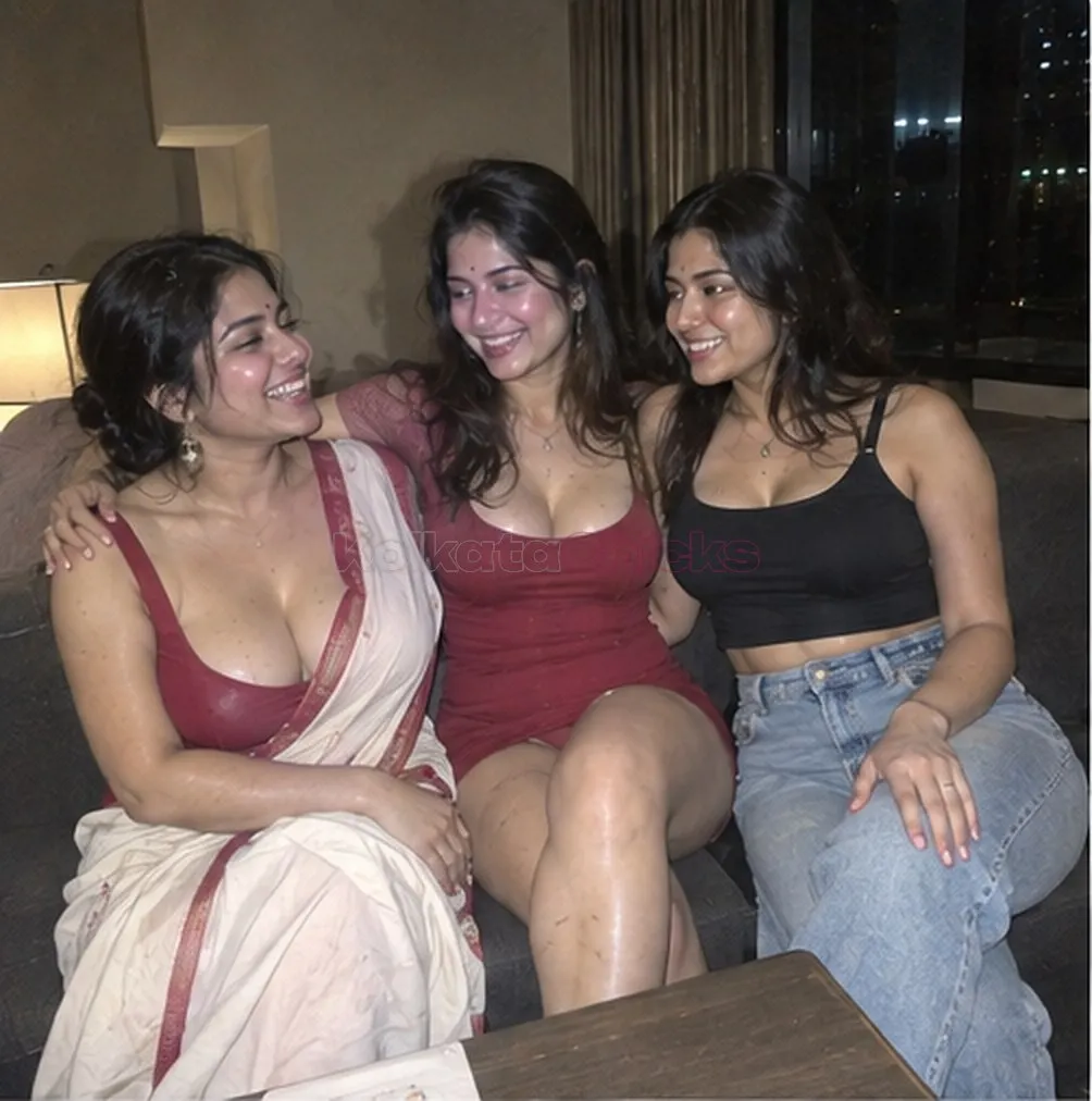 Three Kolkata escorts in a saree, a red dress and jeans on a hotel sofa